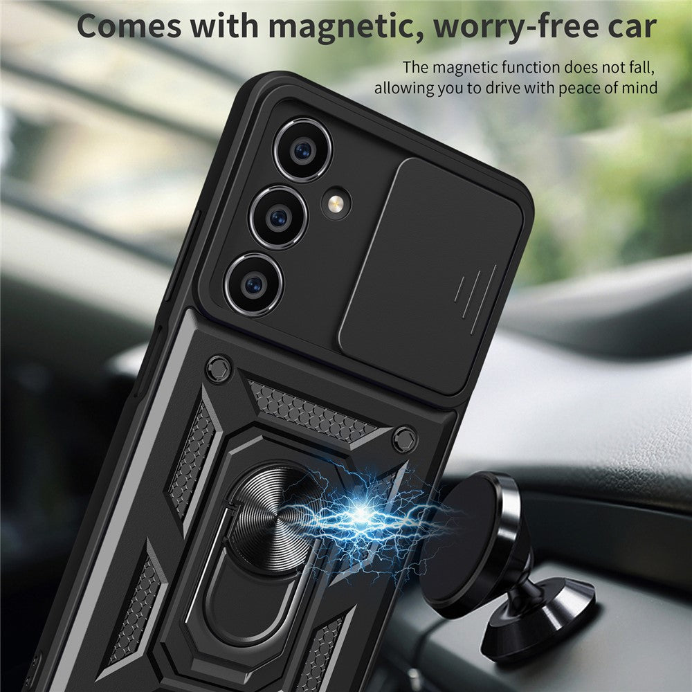 For Samsung Galaxy S23 FE Slide Lens Lid PC+TPU Phone Case Ring Kickstand Back Cover