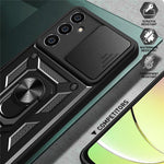 For Samsung Galaxy S23 FE Slide Lens Lid PC+TPU Phone Case Ring Kickstand Back Cover