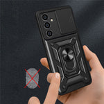 For Samsung Galaxy S23 FE Slide Lens Lid PC+TPU Phone Case Ring Kickstand Back Cover