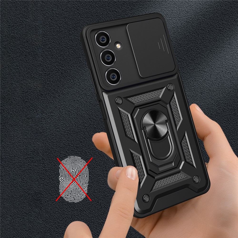 For Samsung Galaxy S23 FE Slide Lens Lid PC+TPU Phone Case Ring Kickstand Back Cover