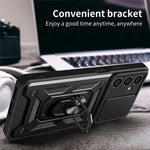 For Samsung Galaxy S23 FE Slide Lens Lid PC+TPU Phone Case Ring Kickstand Back Cover