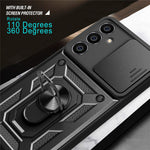For Samsung Galaxy S23 FE Slide Lens Lid PC+TPU Phone Case Ring Kickstand Back Cover