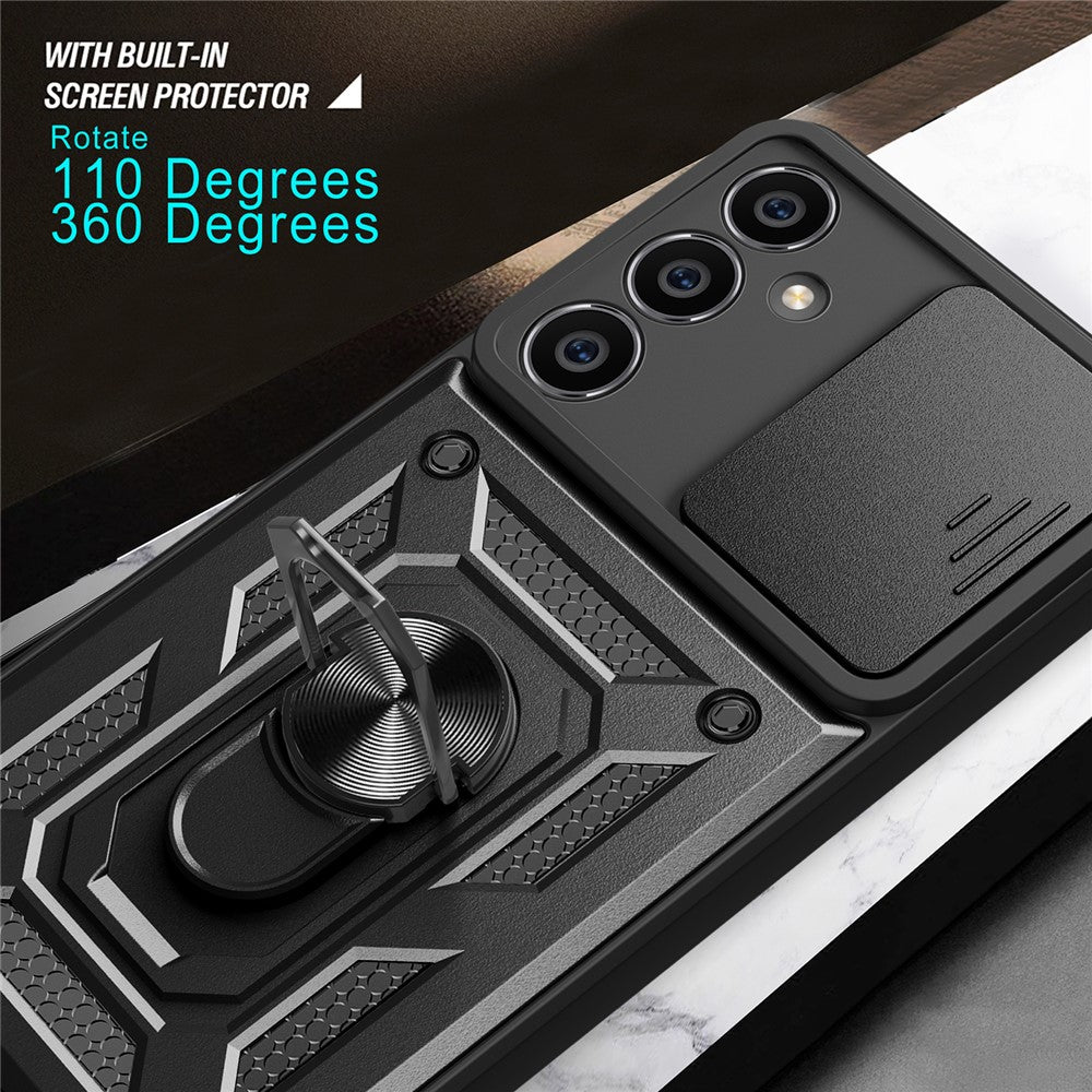 For Samsung Galaxy S23 FE Slide Lens Lid PC+TPU Phone Case Ring Kickstand Back Cover
