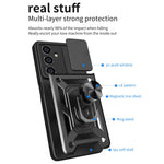 For Samsung Galaxy S23 FE Slide Lens Lid PC+TPU Phone Case Ring Kickstand Back Cover