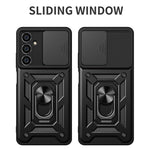For Samsung Galaxy S23 FE Slide Lens Lid PC+TPU Phone Case Ring Kickstand Back Cover