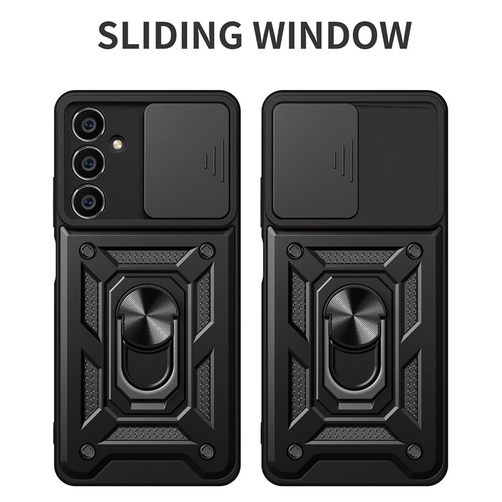 For Samsung Galaxy S23 FE Slide Lens Lid PC+TPU Phone Case Ring Kickstand Back Cover