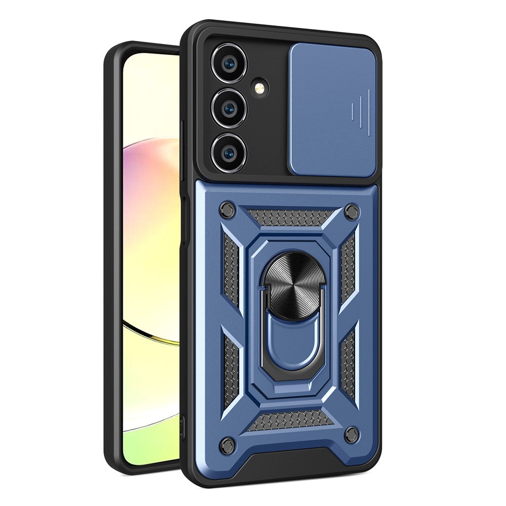 For Samsung Galaxy S23 FE Slide Lens Lid PC+TPU Phone Case Ring Kickstand Back Cover