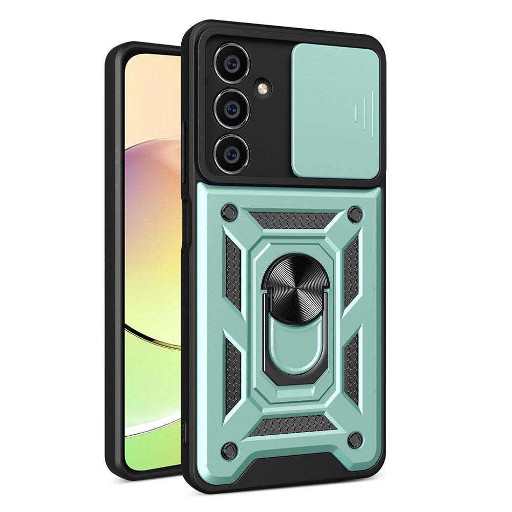 For Samsung Galaxy S23 FE Slide Lens Lid PC+TPU Phone Case Ring Kickstand Back Cover