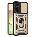 For Samsung Galaxy S23 FE Slide Lens Lid PC+TPU Phone Case Ring Kickstand Back Cover