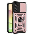 For Samsung Galaxy S23 FE Slide Lens Lid PC+TPU Phone Case Ring Kickstand Back Cover