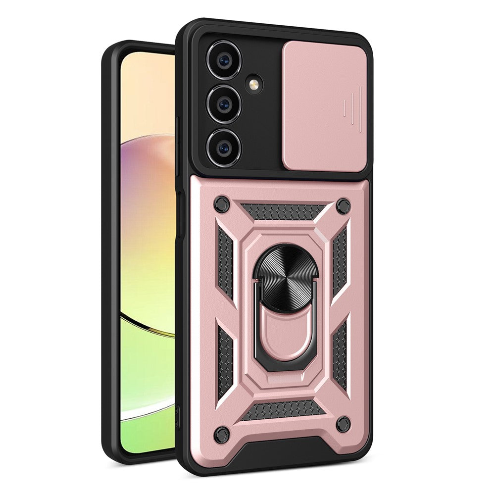 For Samsung Galaxy S23 FE Slide Lens Lid PC+TPU Phone Case Ring Kickstand Back Cover