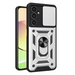 For Samsung Galaxy S23 FE Slide Lens Lid PC+TPU Phone Case Ring Kickstand Back Cover
