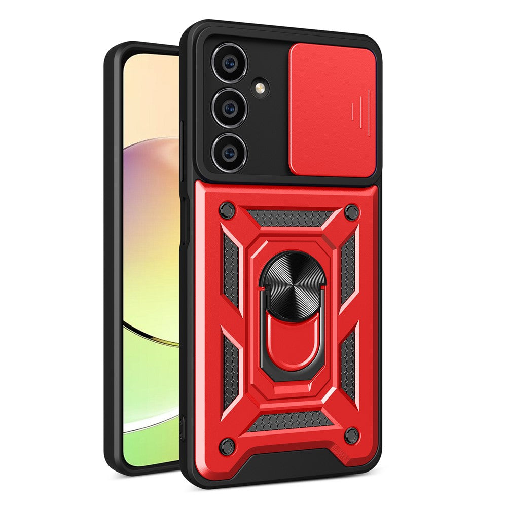 For Samsung Galaxy S23 FE Slide Lens Lid PC+TPU Phone Case Ring Kickstand Back Cover