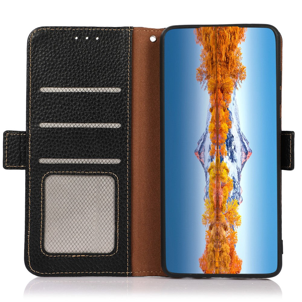 KHAZNEH For Samsung Galaxy F34 5G / M34 5G RFID Blocking Phone Case Stand Wallet Litchi Texture Genuine Cow Leather Cover