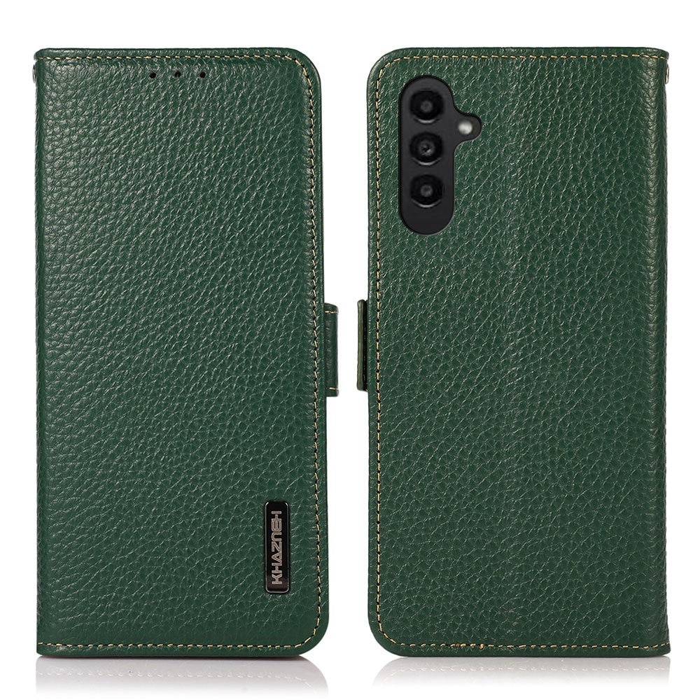 KHAZNEH For Samsung Galaxy F34 5G / M34 5G RFID Blocking Phone Case Stand Wallet Litchi Texture Genuine Cow Leather Cover