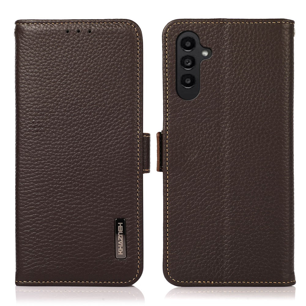 KHAZNEH For Samsung Galaxy F34 5G / M34 5G RFID Blocking Phone Case Stand Wallet Litchi Texture Genuine Cow Leather Cover