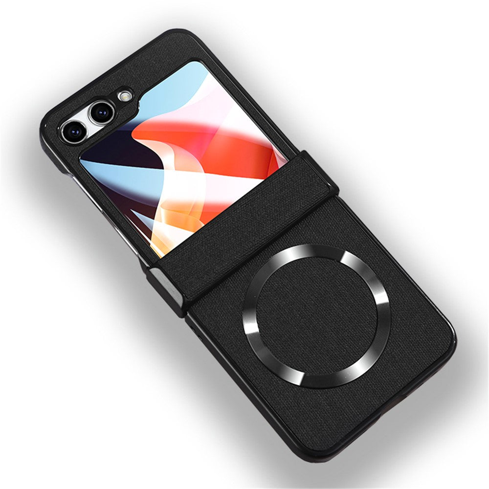 Til Samsung Galaxy Z Flip5 5G Hængseldesign Magnetisk Cover Stoftekstur Læder+PC Telefoncover med Hærdet Glas Bagskærmbeskytter