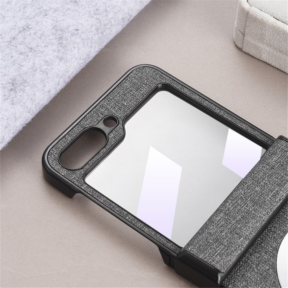 Til Samsung Galaxy Z Flip5 5G Hængseldesign Magnetisk Cover Stoftekstur Læder+PC Telefoncover med Hærdet Glas Bagskærmbeskytter