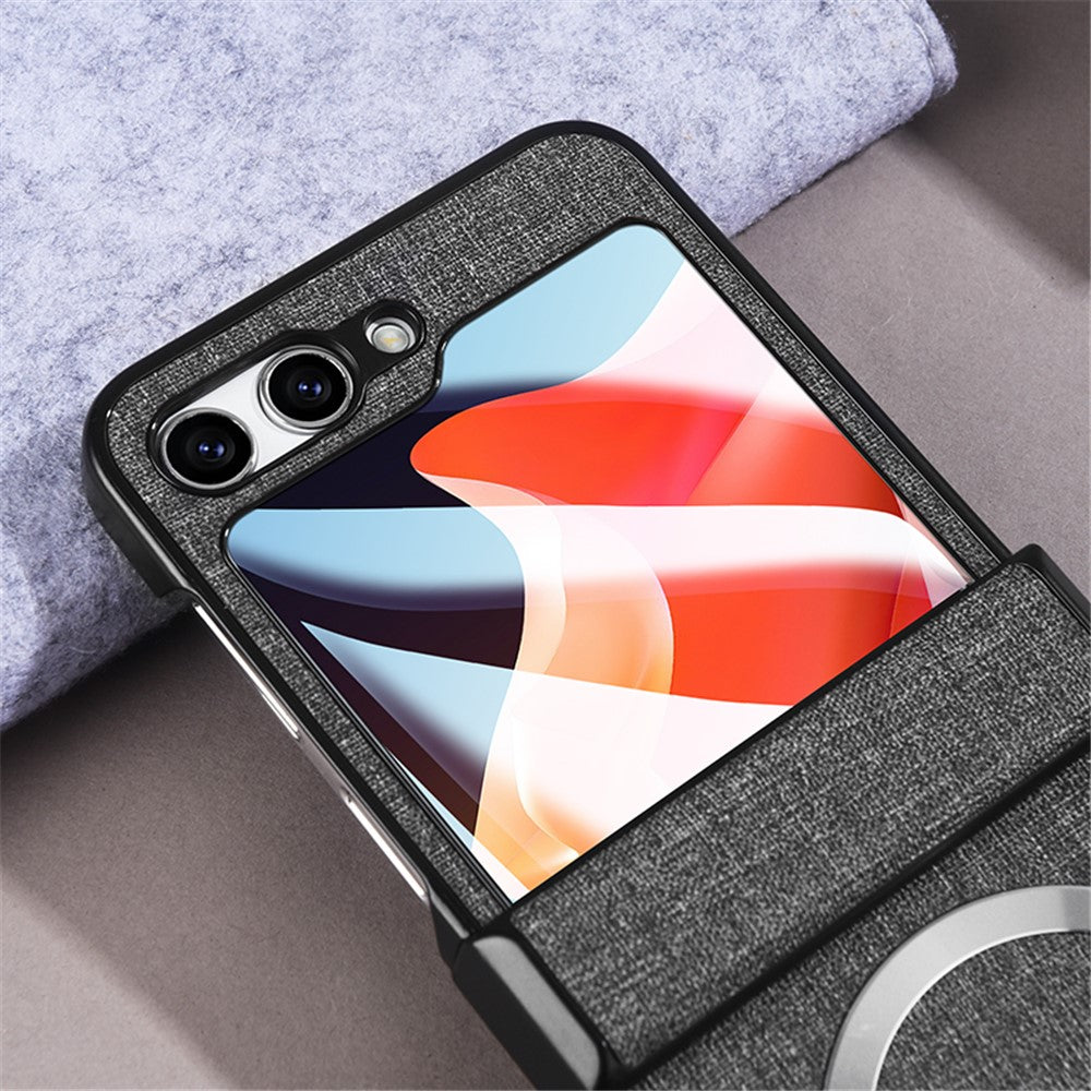 Til Samsung Galaxy Z Flip5 5G Hængseldesign Magnetisk Cover Stoftekstur Læder+PC Telefoncover med Hærdet Glas Bagskærmbeskytter