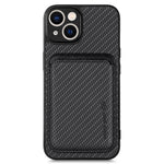 For iPhone 15 Plus Detachable Phone Case Carbon Fiber Magnetic Card Holder Leather+PC+TPU Cover
