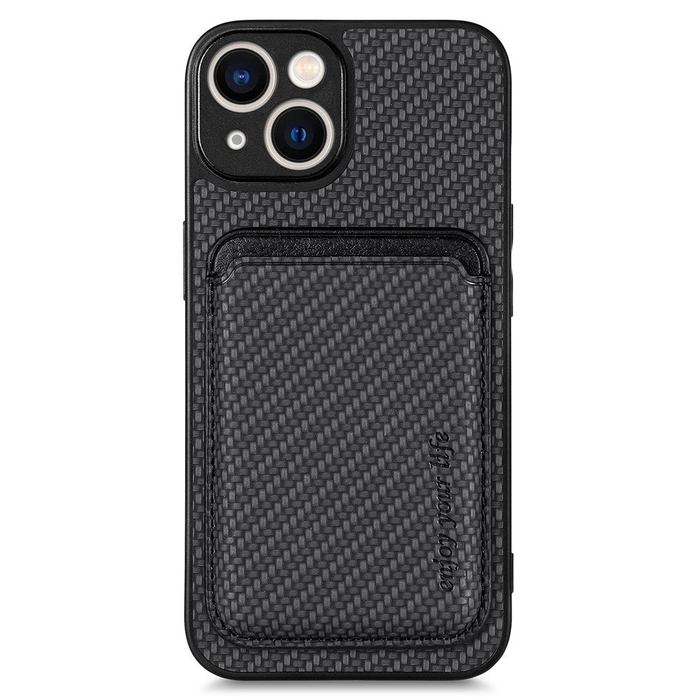 For iPhone 15 Plus Detachable Phone Case Carbon Fiber Magnetic Card Holder Leather+PC+TPU Cover