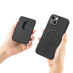 For iPhone 15 Plus Detachable Phone Case Carbon Fiber Magnetic Card Holder Leather+PC+TPU Cover