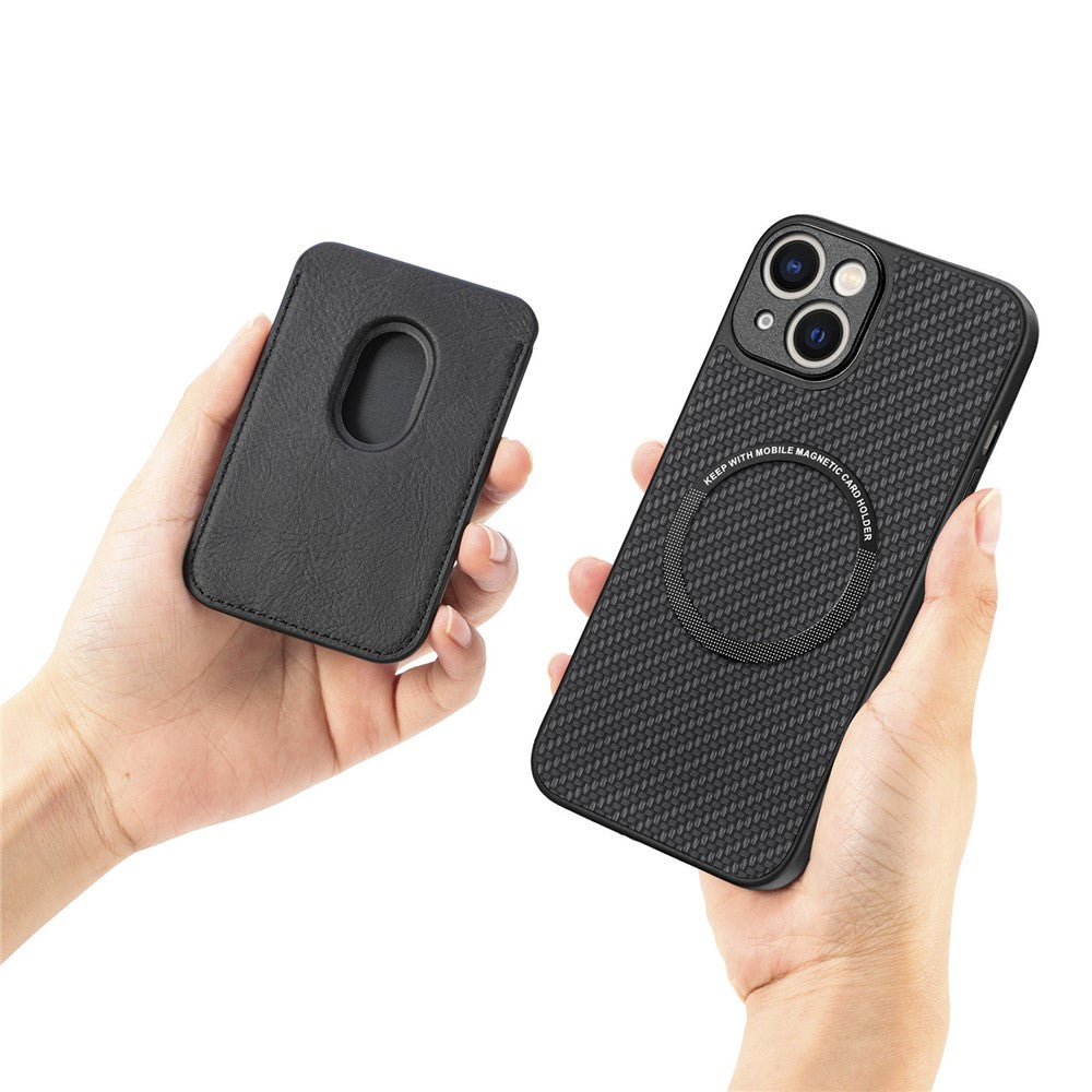 For iPhone 15 Plus Detachable Phone Case Carbon Fiber Magnetic Card Holder Leather+PC+TPU Cover