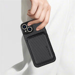 For iPhone 15 Plus Detachable Phone Case Carbon Fiber Magnetic Card Holder Leather+PC+TPU Cover