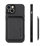 For iPhone 15 Plus Detachable Phone Case Carbon Fiber Magnetic Card Holder Leather+PC+TPU Cover