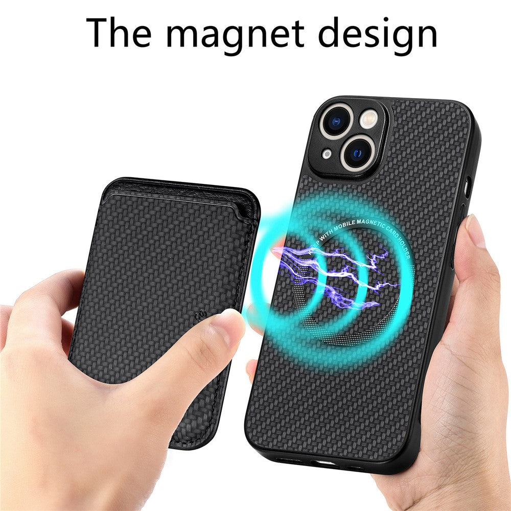 For iPhone 15 Plus Detachable Phone Case Carbon Fiber Magnetic Card Holder Leather+PC+TPU Cover