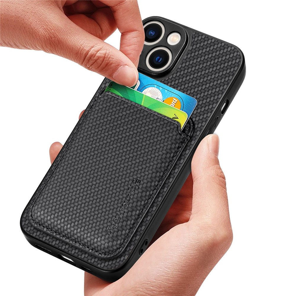 For iPhone 15 Plus Detachable Phone Case Carbon Fiber Magnetic Card Holder Leather+PC+TPU Cover
