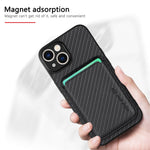 For iPhone 15 Plus Detachable Phone Case Carbon Fiber Magnetic Card Holder Leather+PC+TPU Cover