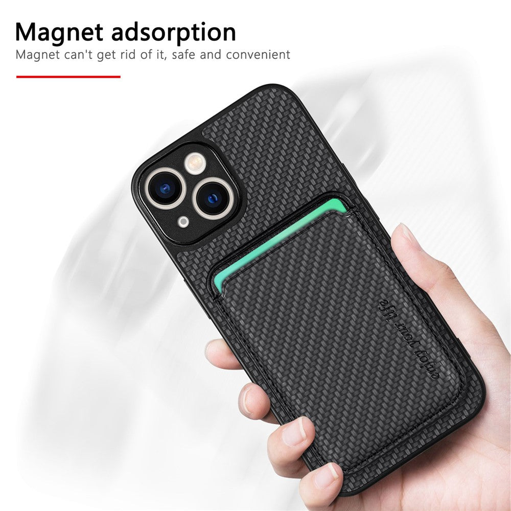 For iPhone 15 Plus Detachable Phone Case Carbon Fiber Magnetic Card Holder Leather+PC+TPU Cover