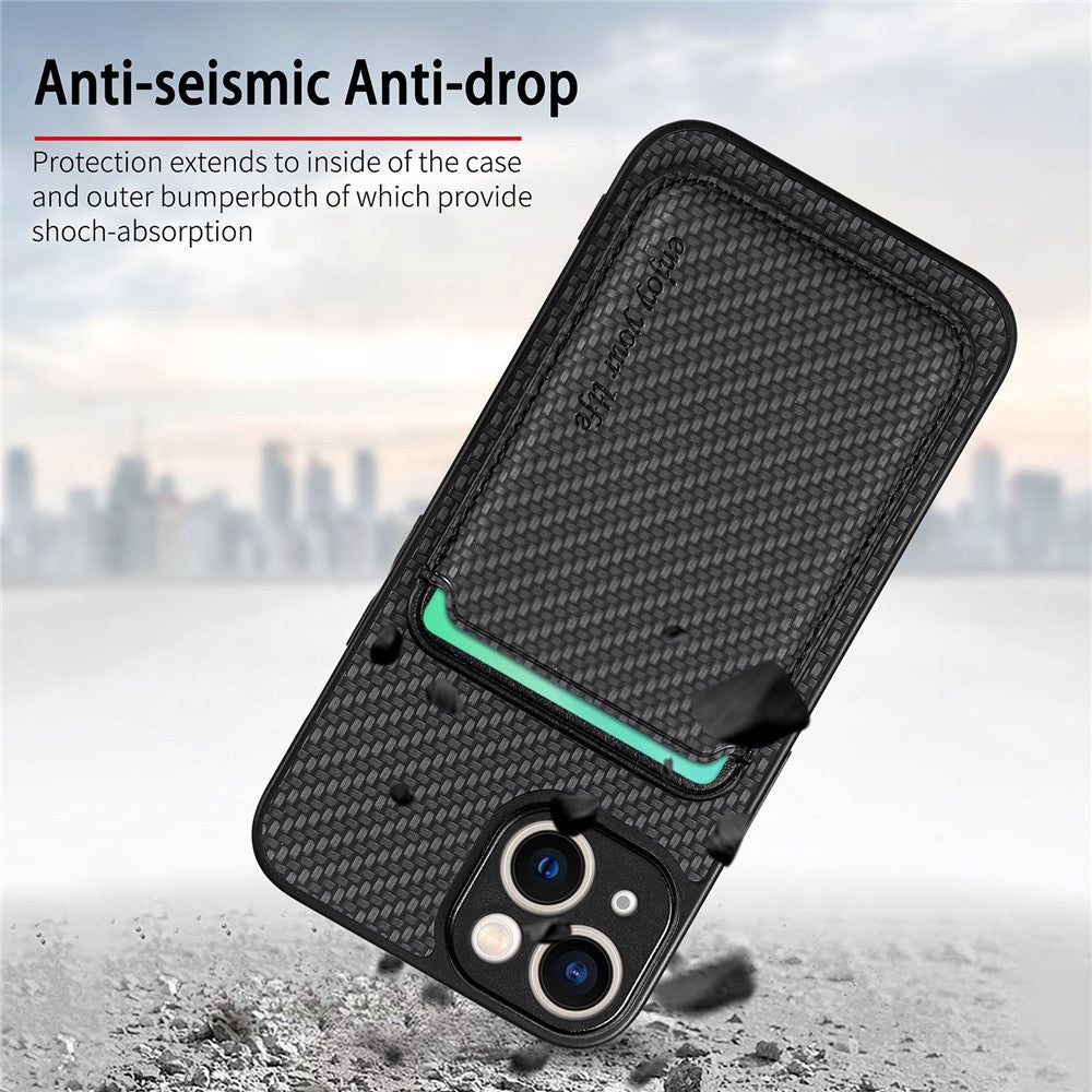 For iPhone 15 Plus Detachable Phone Case Carbon Fiber Magnetic Card Holder Leather+PC+TPU Cover