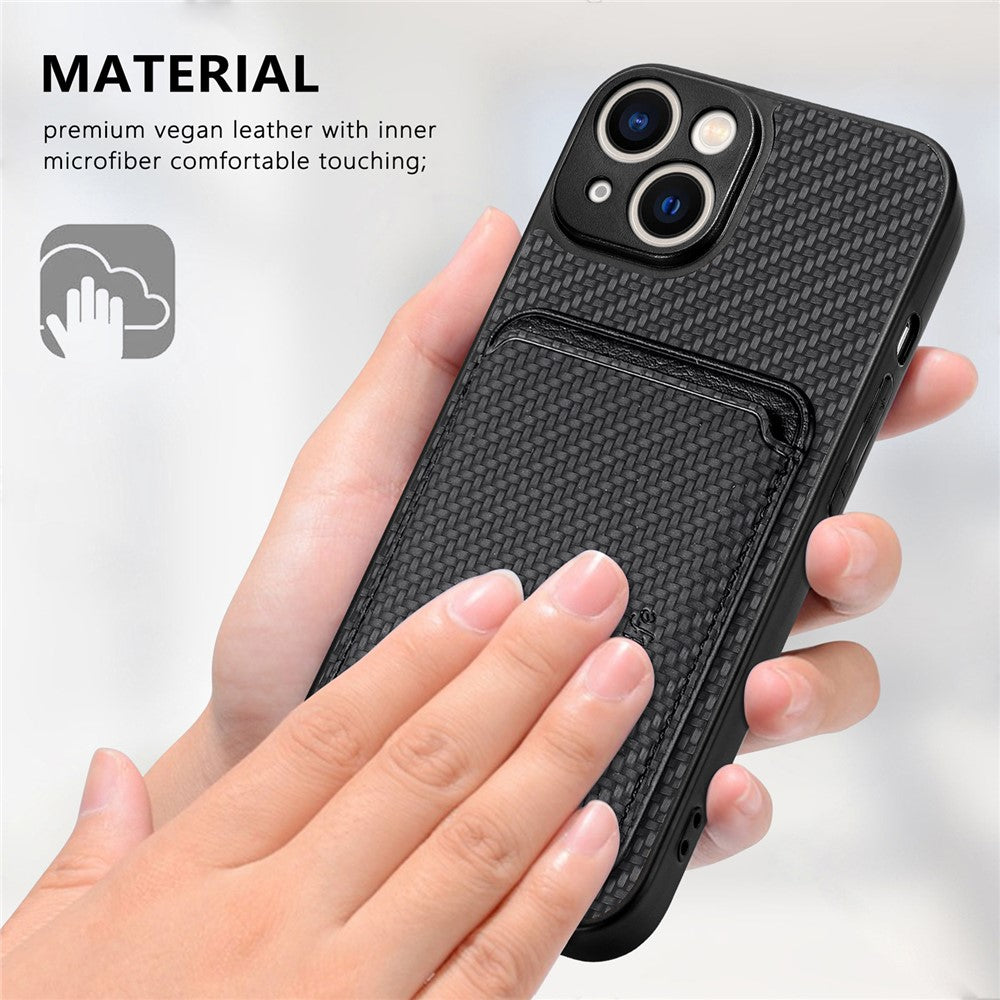 For iPhone 15 Plus Detachable Phone Case Carbon Fiber Magnetic Card Holder Leather+PC+TPU Cover
