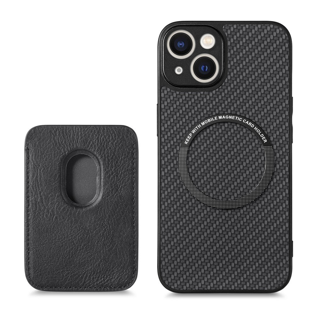 For iPhone 15 Plus Detachable Phone Case Carbon Fiber Magnetic Card Holder Leather+PC+TPU Cover