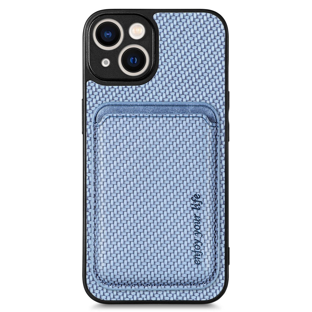 For iPhone 15 Plus Detachable Phone Case Carbon Fiber Magnetic Card Holder Leather+PC+TPU Cover