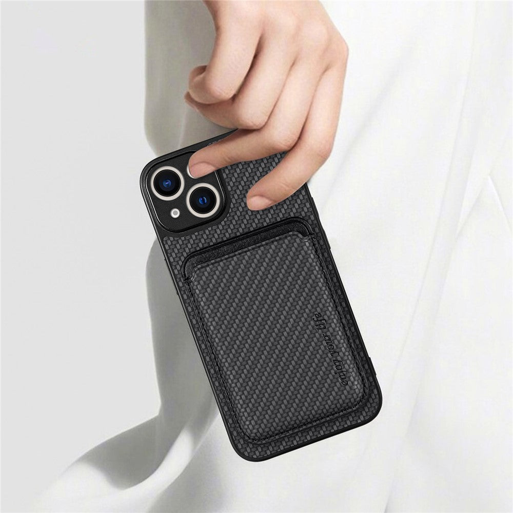 Carbon Fiber Phone Case for iPhone 15 , Leather+PC+TPU Cover with Detachable Magnetic Card Holder