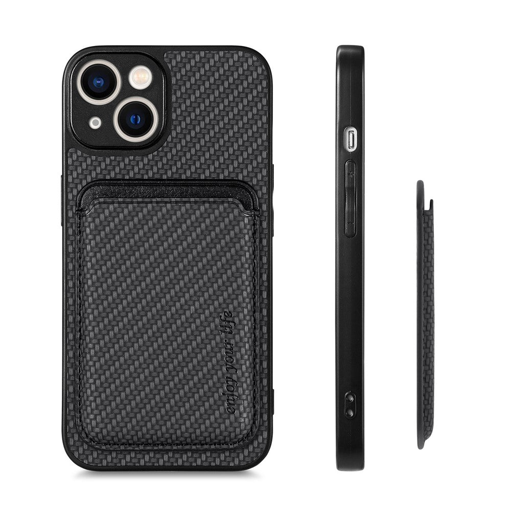 Carbon Fiber Phone Case for iPhone 15 , Leather+PC+TPU Cover with Detachable Magnetic Card Holder