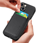 Carbon Fiber Phone Case for iPhone 15 , Leather+PC+TPU Cover with Detachable Magnetic Card Holder