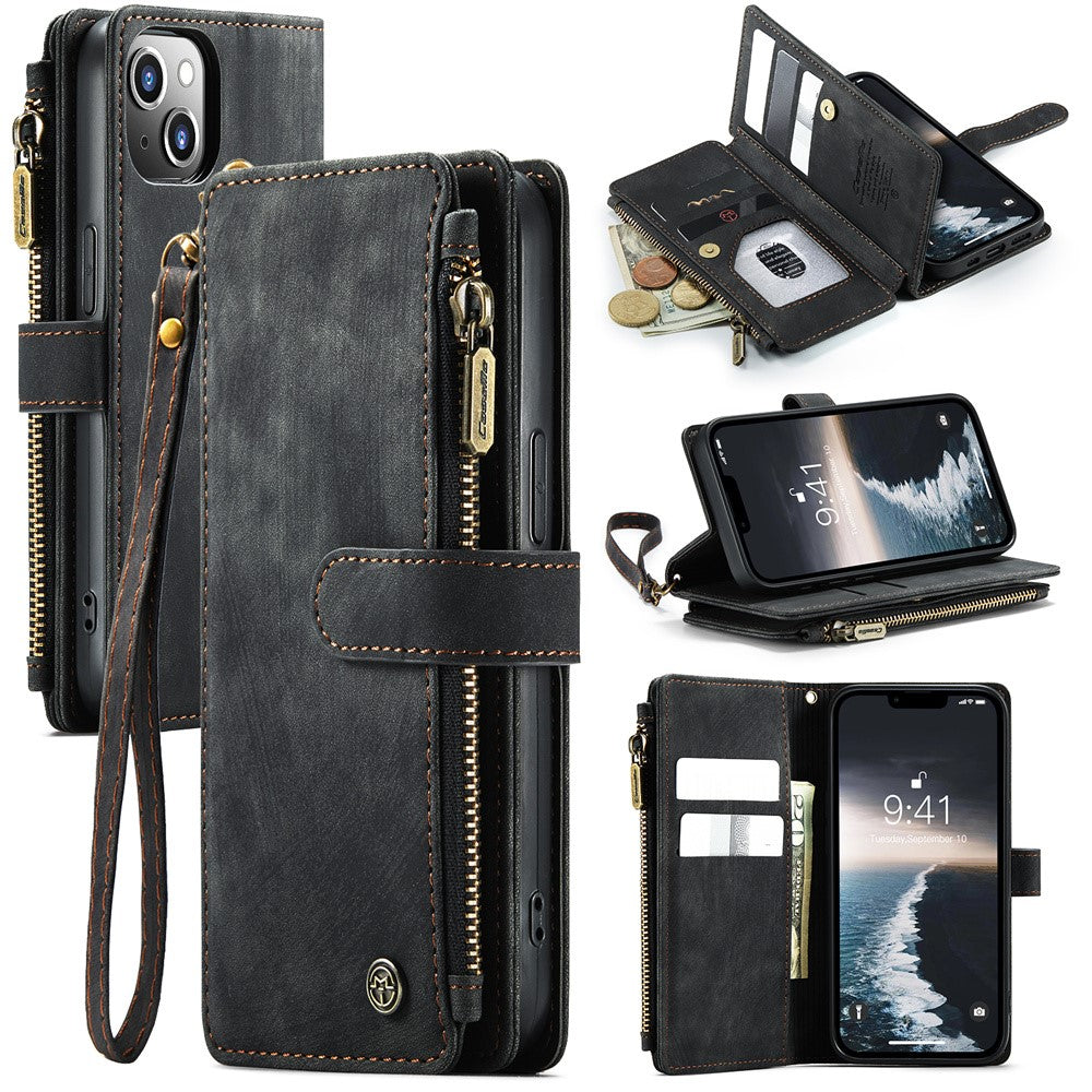 For iPhone 15 Plus Phone Cases with Strap CASEME C30 Zipper Multiple Card Holder PU Leather Cover