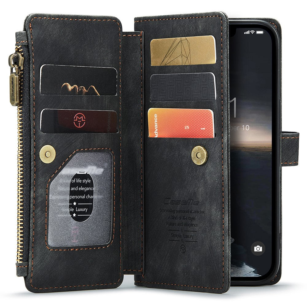 For iPhone 15 Plus Phone Cases with Strap CASEME C30 Zipper Multiple Card Holder PU Leather Cover