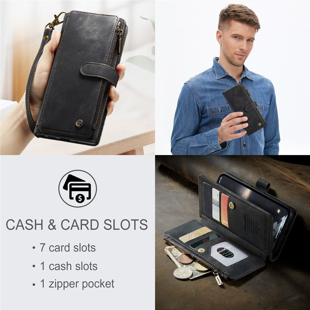 For iPhone 15 Plus Phone Cases with Strap CASEME C30 Zipper Multiple Card Holder PU Leather Cover