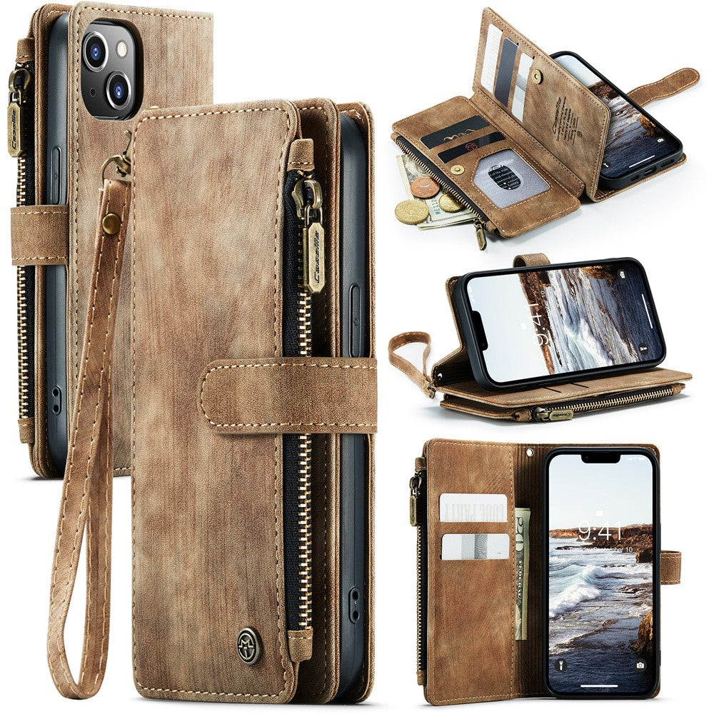 For iPhone 15 Plus Phone Cases with Strap CASEME C30 Zipper Multiple Card Holder PU Leather Cover