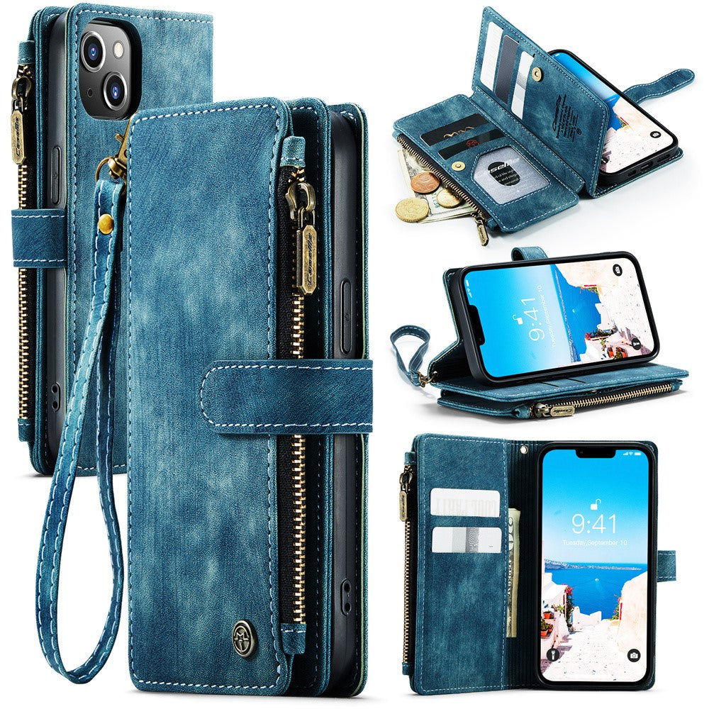 For iPhone 15 Plus Phone Cases with Strap CASEME C30 Zipper Multiple Card Holder PU Leather Cover