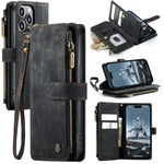 For iPhone 15 Pro Phone Cases with Strap CASEME C30 Zipper Multiple Card Holder PU Leather Cover