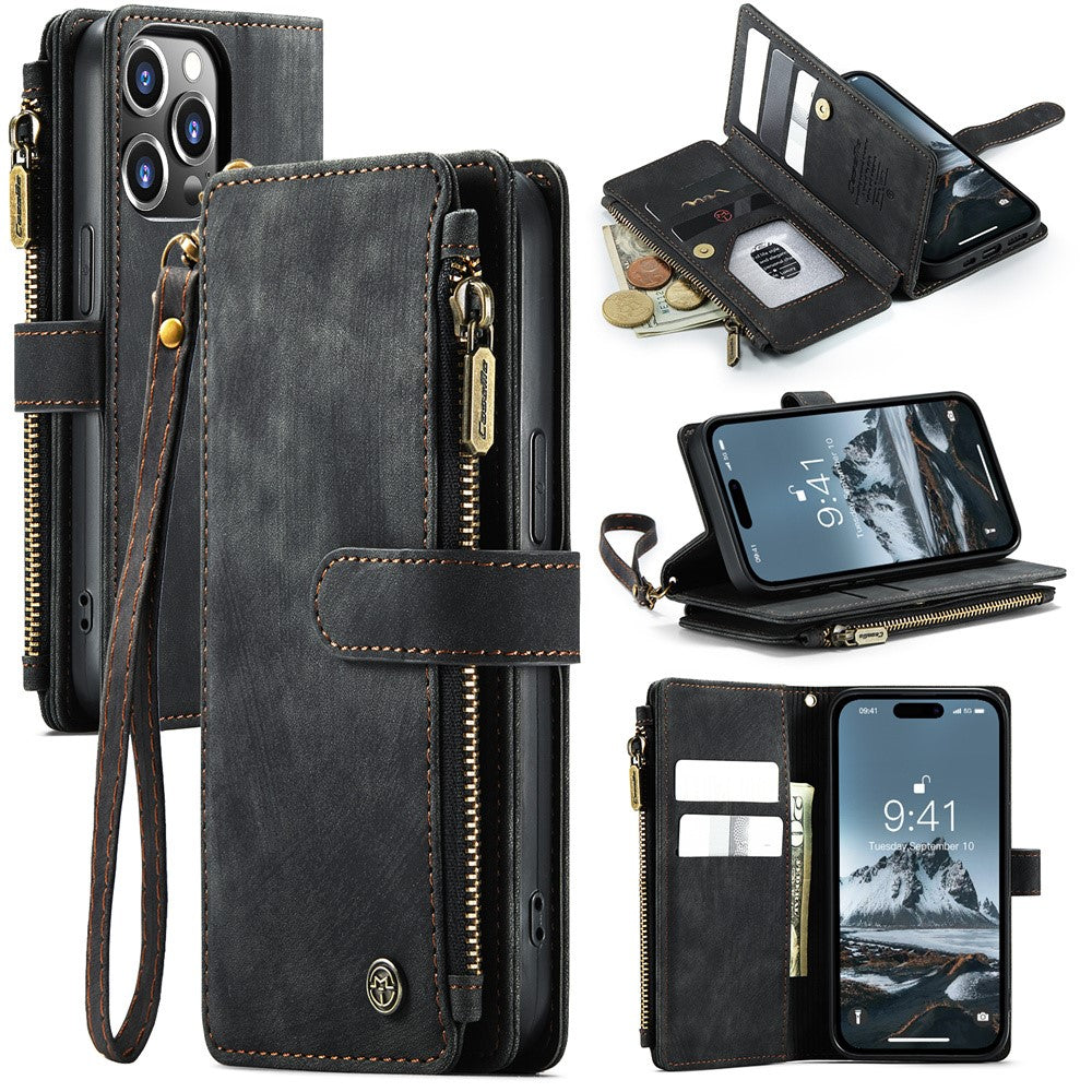 For iPhone 15 Pro Phone Cases with Strap CASEME C30 Zipper Multiple Card Holder PU Leather Cover