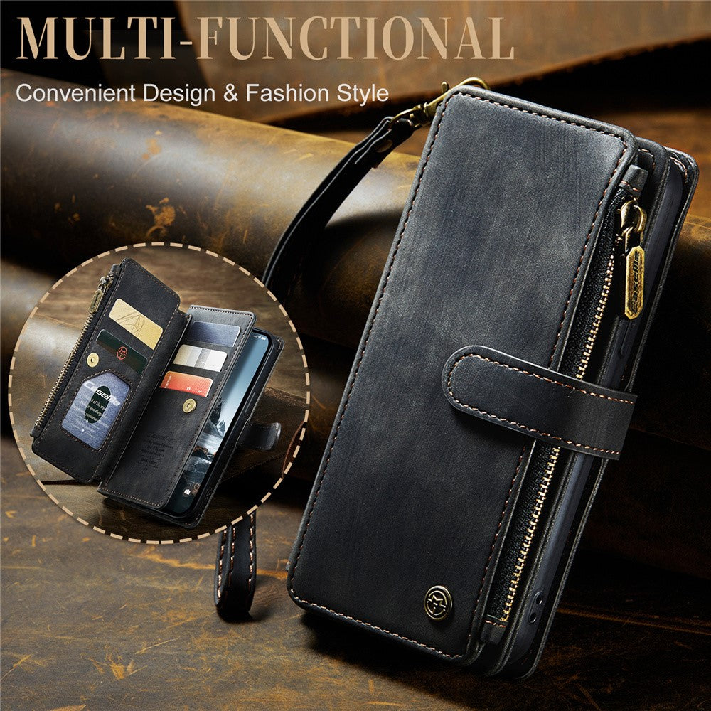 For iPhone 15 Pro Phone Cases with Strap CASEME C30 Zipper Multiple Card Holder PU Leather Cover