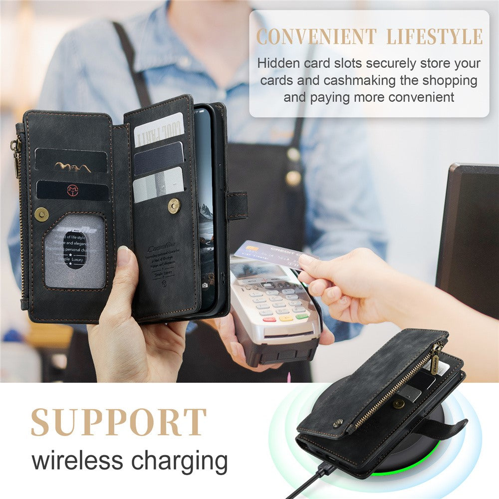 For iPhone 15 Pro Phone Cases with Strap CASEME C30 Zipper Multiple Card Holder PU Leather Cover