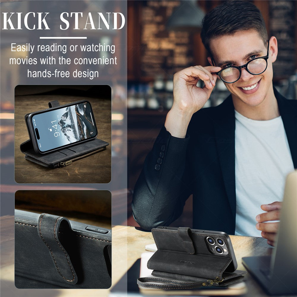 For iPhone 15 Pro Phone Cases with Strap CASEME C30 Zipper Multiple Card Holder PU Leather Cover